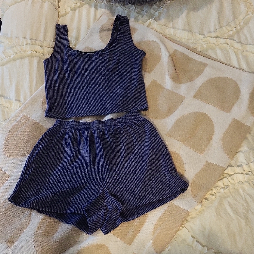 🔥HOT🔥 Super Cute Blue Ribbed Summer Short & Tank Matching Set - Picture 1 of 4